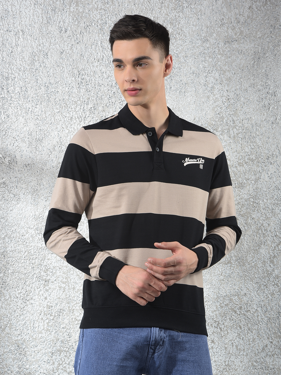 Numero Uno Men Solid Black Polo Neck Sweatshirt